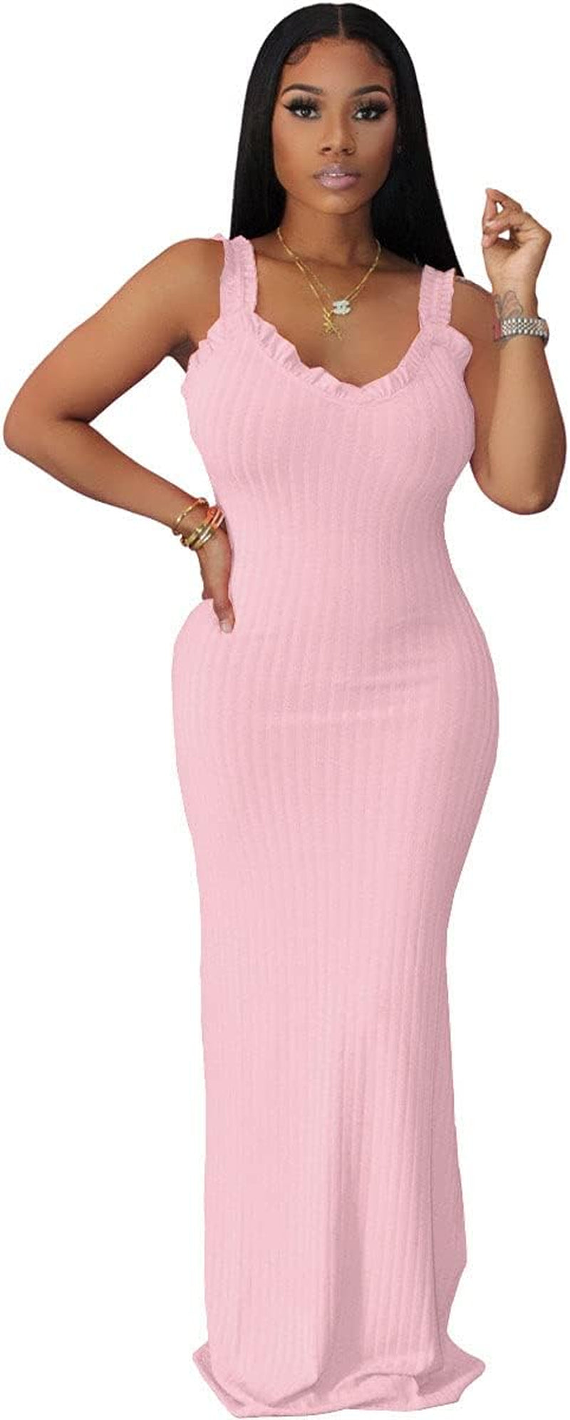 Summer Dresses for Women Sexy Bodycon Tank Dress Sleeveless Long Maxi Dresses Pink