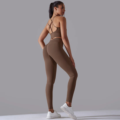 Brushed Yoga Set Women 2 Piece Workout Sportswear Crisscross Back Sports Bra High Waist Leggings Gym Clothing Sports Suits