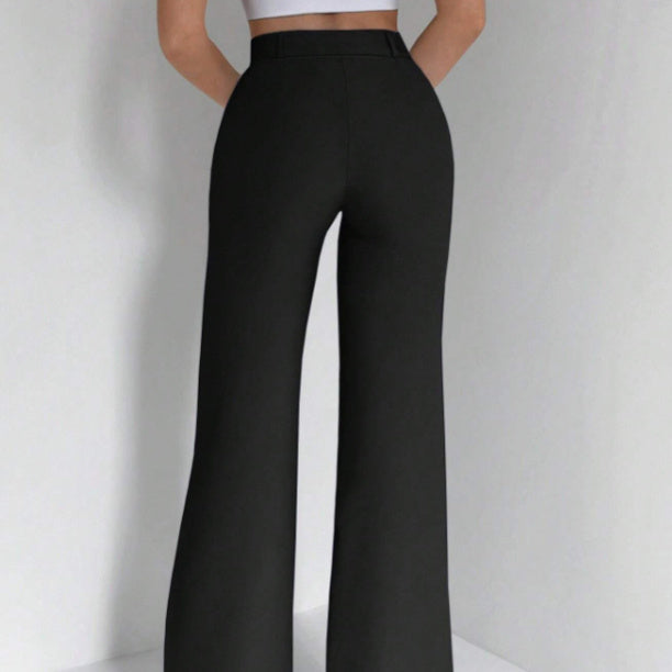 Women Solid Color High Waist Slim Fit Flared Suit Pants