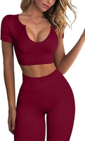 Yoga Outfits for Women Seamless 2 Piece Workout Gym High Waist Pants with Sport Crop Set Wine L