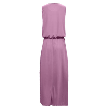 Dresses for Women 2023  Wedding Guest Dresses Casual Sleeveless O-Neck Solid Fork Opening Dress in Season Pink XL Size