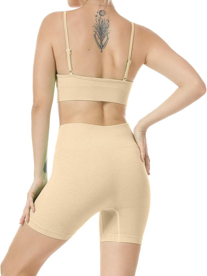 Women Seamless Yoga Set 2 Piece Workout Sport Bra with High Waist Shorts Legging Outfit Tracksuit.