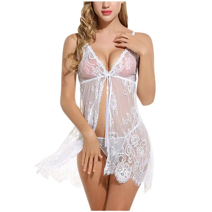 Floral Lace V-Neck Strap Night Dress with Thong Set Sexy Woman Nightie Sexy Lingerie Women Nightgown Erotic Baby Dolls Sleepwear