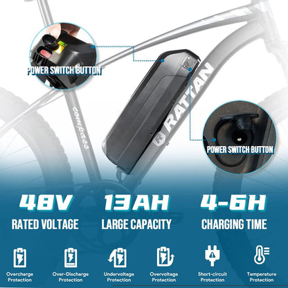 Rattan 350W/500W/750W Electric Mountain Bike 27.5/26'' Fat Tire Electric Bike for Adult 48V 13AH Removable Lithium-Ion Battery Fat Tire Beach Snow Ebike 7-Speed Gear (NONE2)