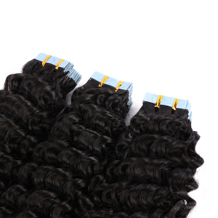 Premium #1B Natural Black Deep Curly Tape In Hair Extensions | 100%