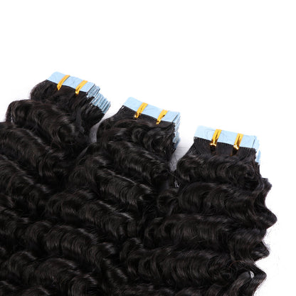 Premium #1B Natural Black Deep Curly Tape In Hair Extensions | 100%