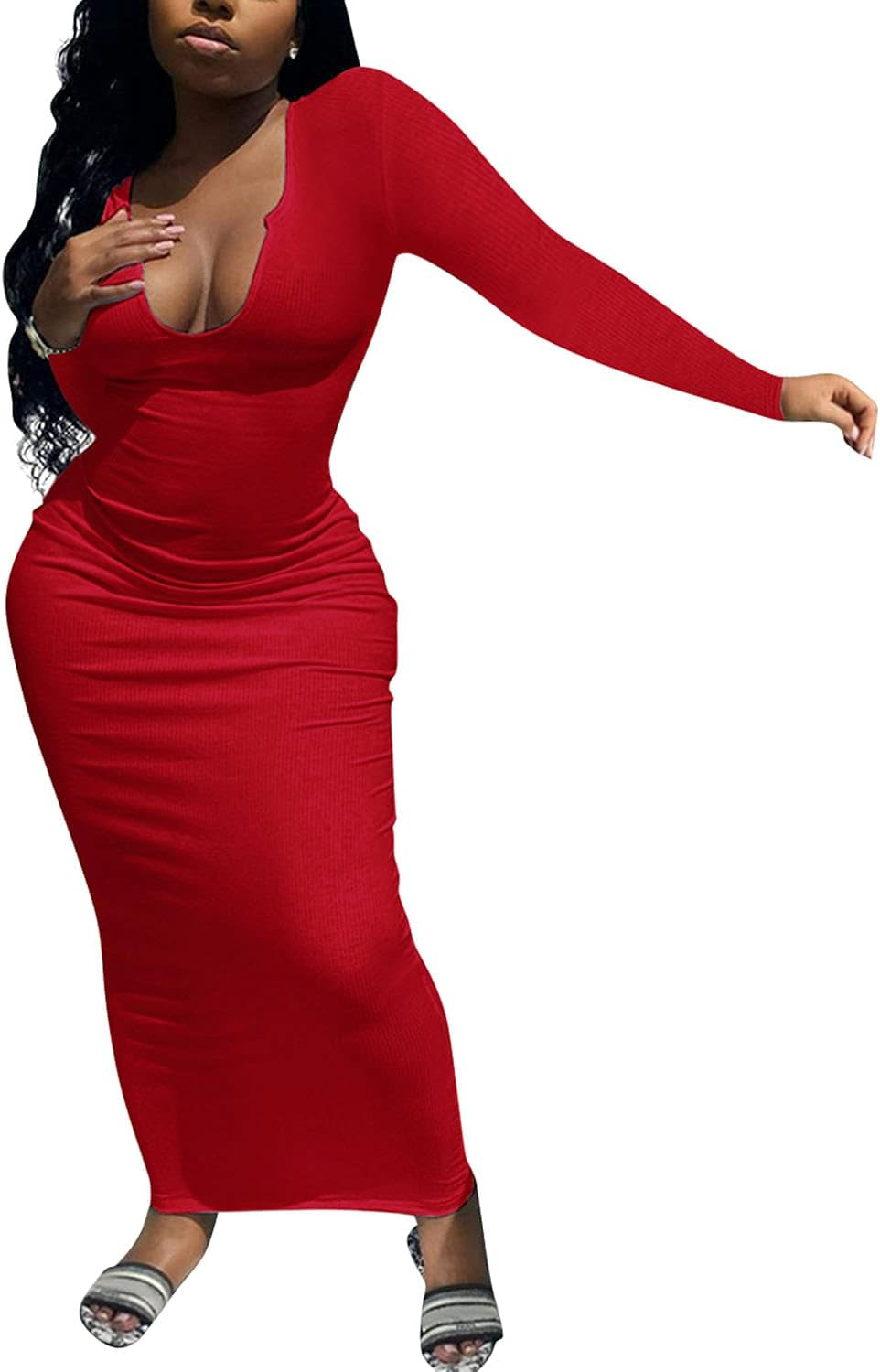 Women Bodycon Maxi Tank Dress, Sexy Deep U Neck Ribbed Solid Color Party Wrap Long Dresses