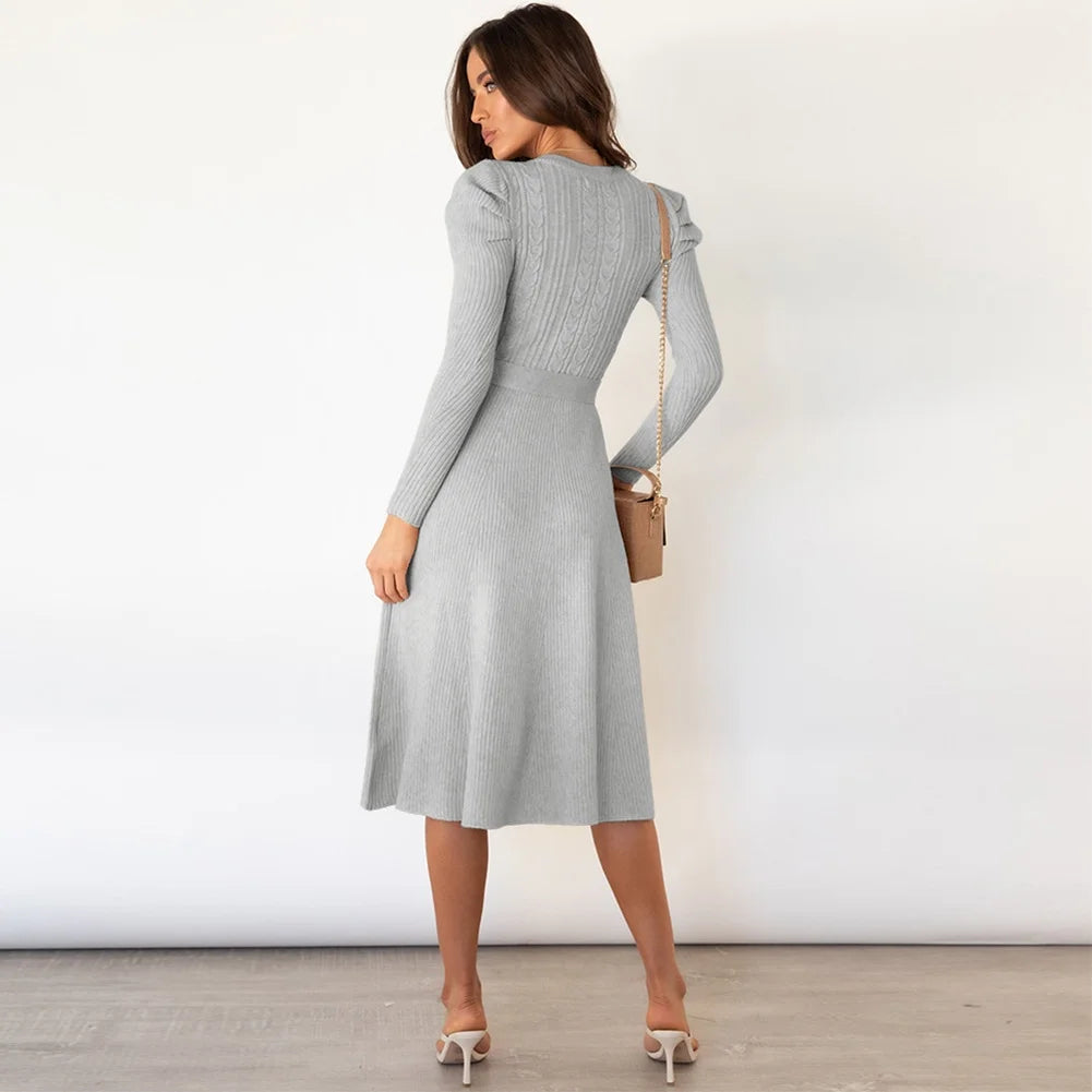 Fall Winter Womens Dresses Sweater Long Puff Sleeve Maxi Dresses Ruffle Swing Dresses Wedding Guest Dresses