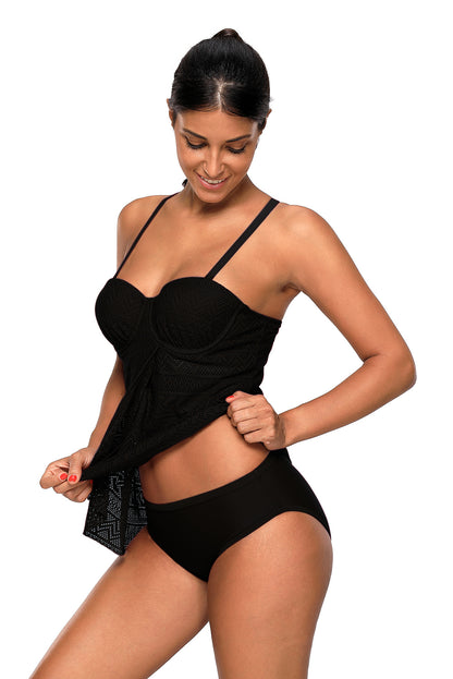 Black Lace Flyaway Underwired Tankini Bathing Suit