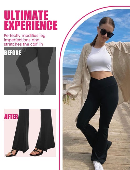 Cross Waist Design Pocket Flared Pants, Polyester Double Mill 2,