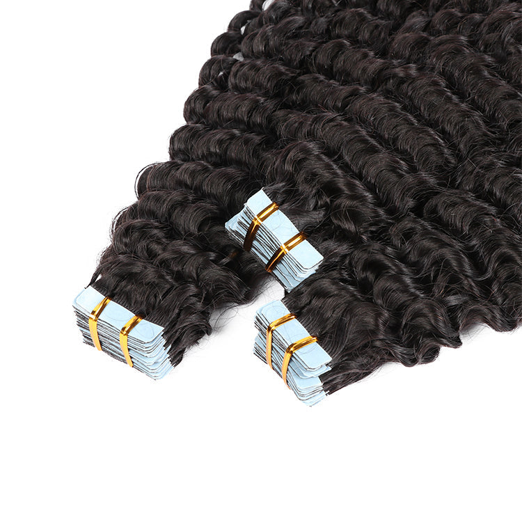 Premium #1B Natural Black Deep Curly Tape In Hair Extensions | 100%