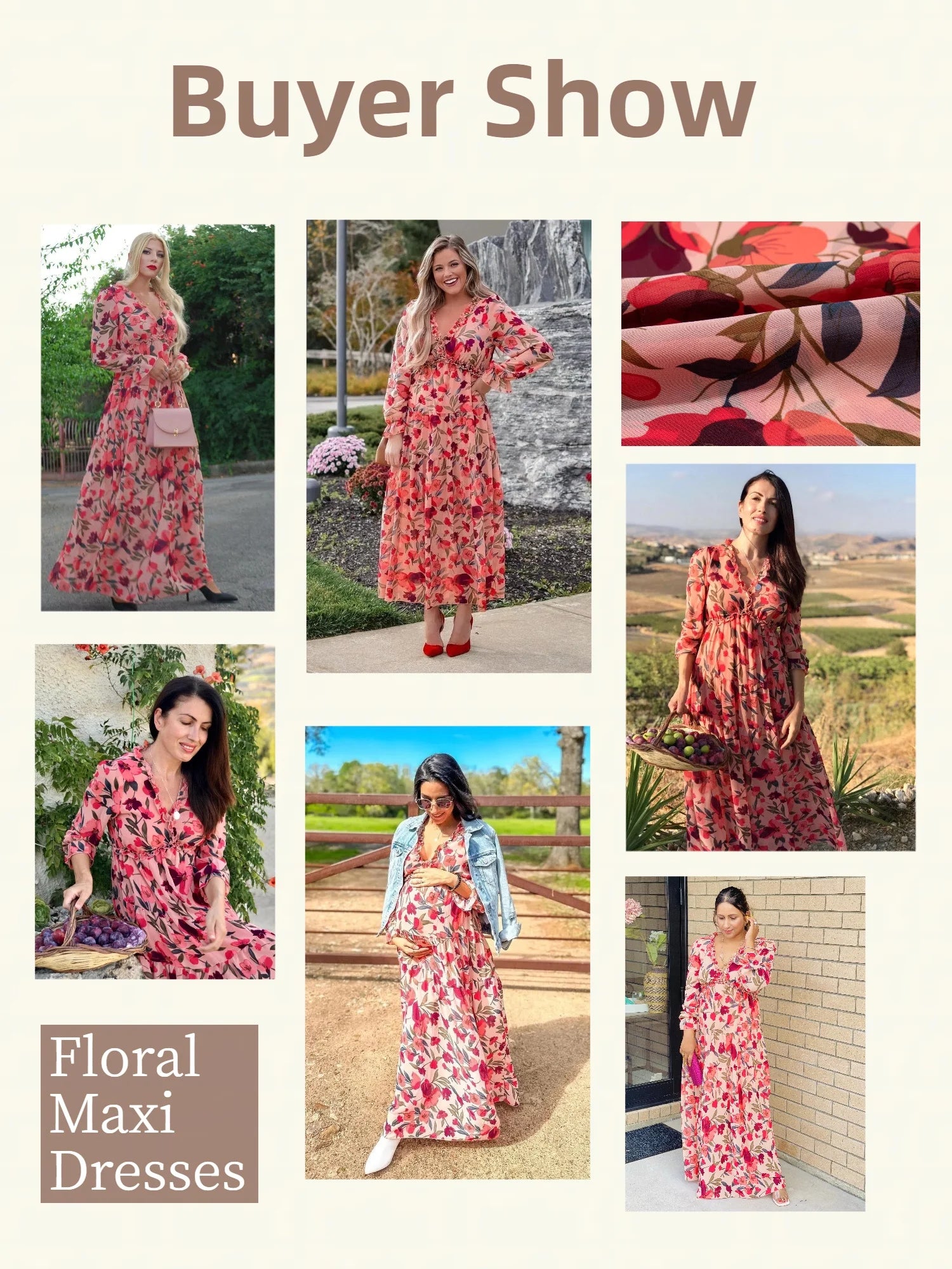 Women'S Red Floral Maxi Dresses Casual Deep V Neck Long Sleeve Evening Dress Cocktail Party Dress for Women, US 8-10(M)