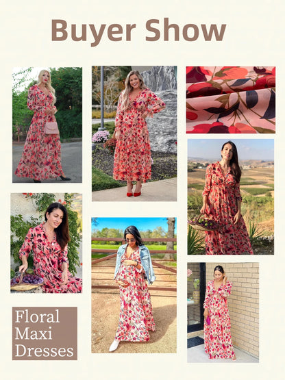 Women'S Red Floral Maxi Dresses Casual Deep V Neck Long Sleeve Evening Dress Cocktail Party Dress for Women, US 8-10(M)