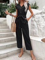 Button-Front Tie Waist Jumpsuit