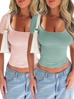 2 Piece Set Women Solid Color Y2K Sexy Slim Round Neck Short Sleeve