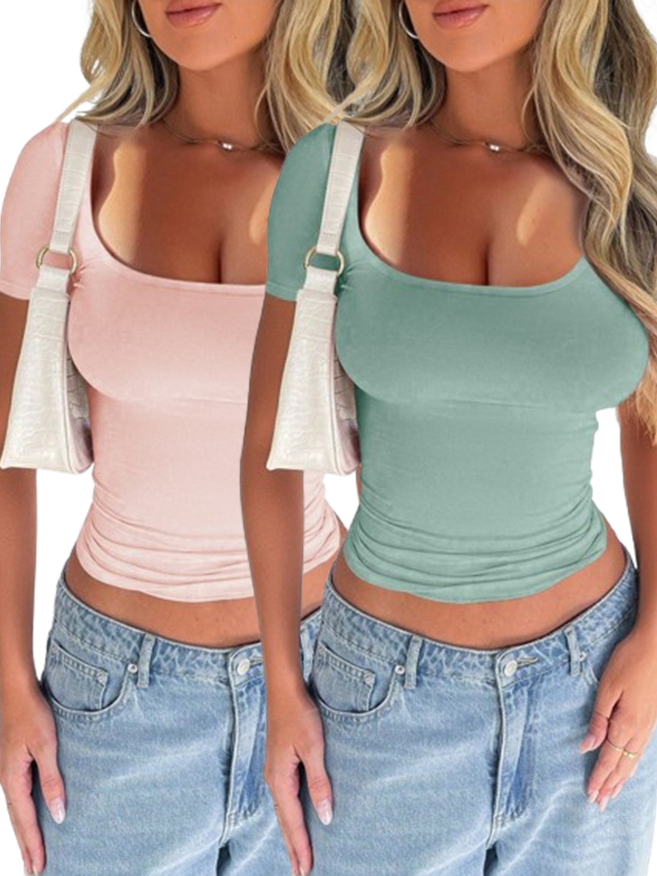2 Piece Set Women Solid Color Y2K Sexy Slim Round Neck Short Sleeve