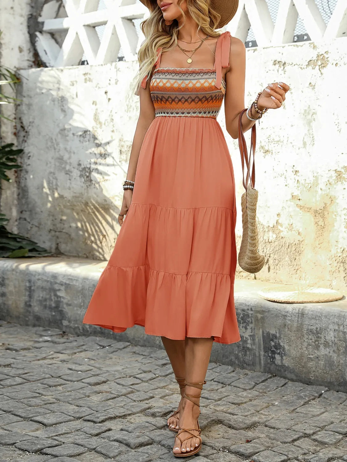 Tie Shoulder Tiered Midi Dress