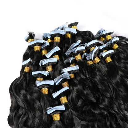 Premium #1B Natural Black Water Wave Tape-In Hair Extensions | 100%