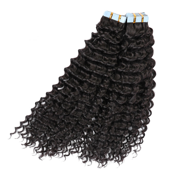 Premium #1B Natural Black Deep Curly Tape In Hair Extensions | 100%