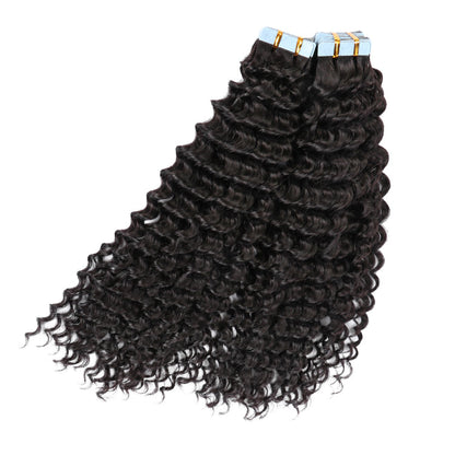 Premium #1B Natural Black Deep Curly Tape In Hair Extensions | 100%