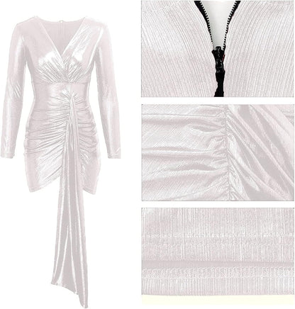 Women'S Sexy Dress Deep V Neck Long Sleeve Ruched Sparkly Bodycon Club Mini Dresses