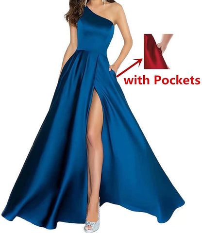 One Shoulder Long Prom Dresses for Women Satin a Line Formal Evening Party Gowns with Slit