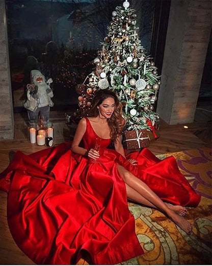 One Shoulder Long Prom Dresses for Women Satin a Line Formal Evening Party Gowns with Slit