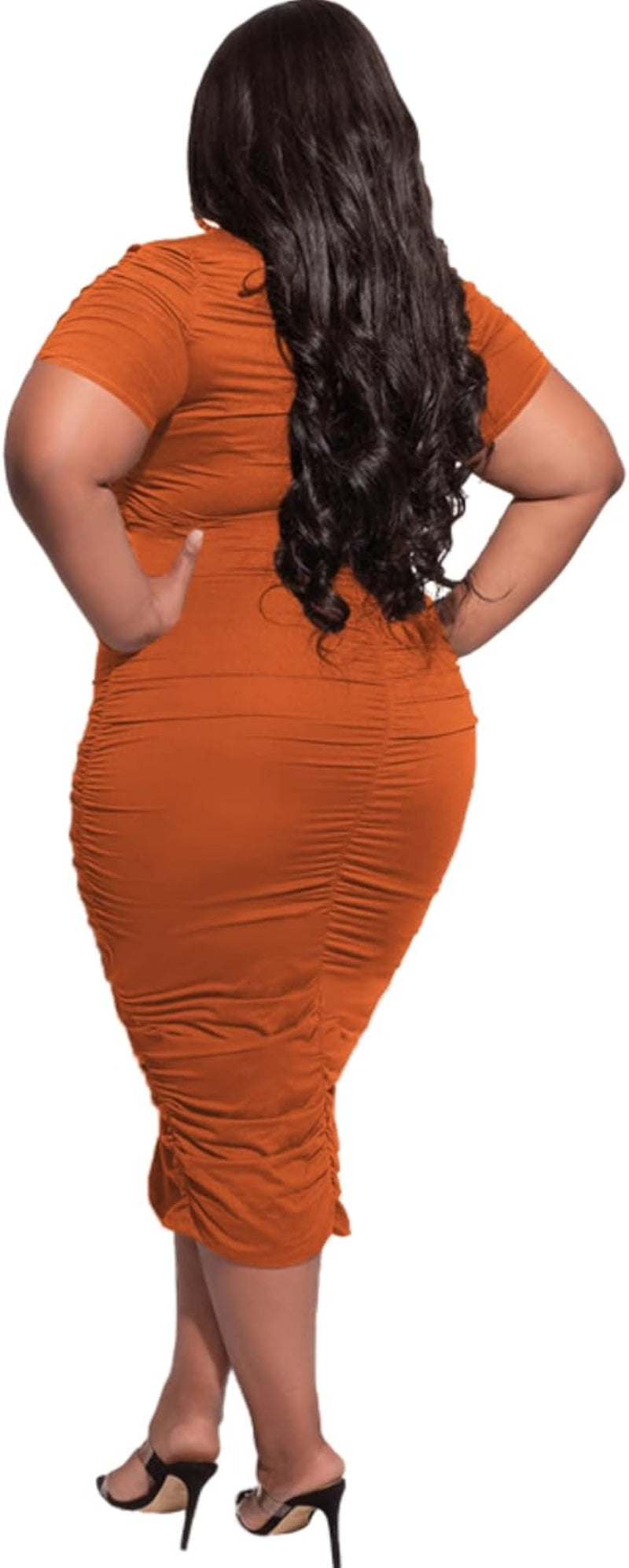 Women'S plus Size Sexy Bodycon Party Dress Solid Short Sleeve Ruched Slim Fit Dress Club Outfits Orange 2XL