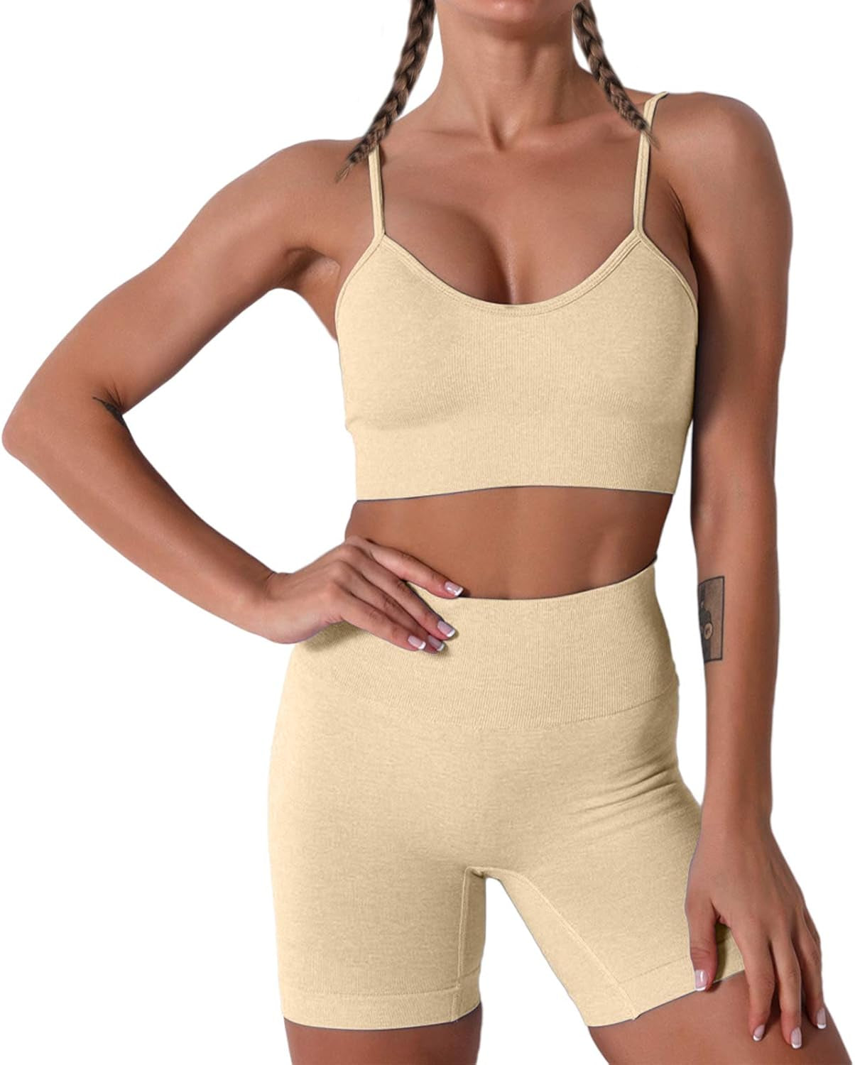 Women Seamless Yoga Set 2 Piece Workout Sport Bra with High Waist Shorts Legging Outfit Tracksuit.