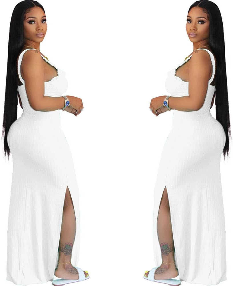 Sundresses for Women Casual Summer Sleeveless Bodycon Mermaid Long Maxi Dress White X-Large