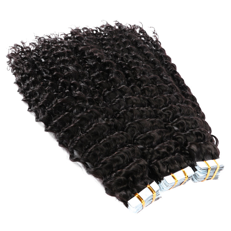 Premium #1B Natural Black Deep Curly Tape In Hair Extensions | 100%
