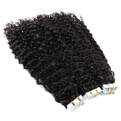 Premium #1B Natural Black Deep Curly Tape In Hair Extensions | 100%