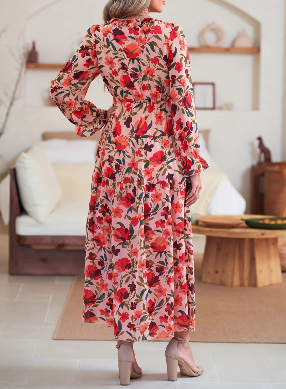 Women'S Red Floral Maxi Dresses Casual Deep V Neck Long Sleeve Evening Dress Cocktail Party Dress for Women, US 8-10(M)