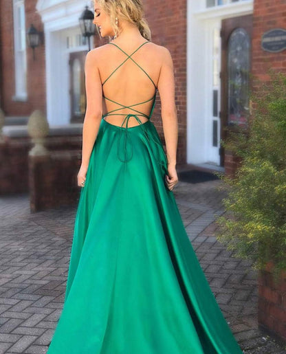 Women'S Spaghetti Straps Satin Prom Dresses with Split Long Evening Party Gown Green 08