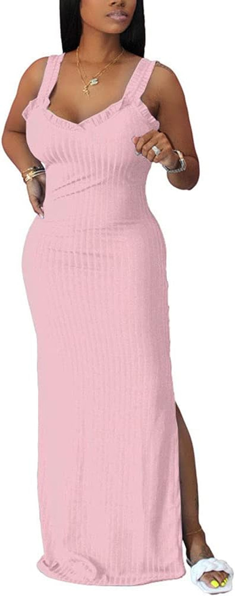 Summer Dresses for Women Sexy Bodycon Tank Dress Sleeveless Long Maxi Dresses Pink