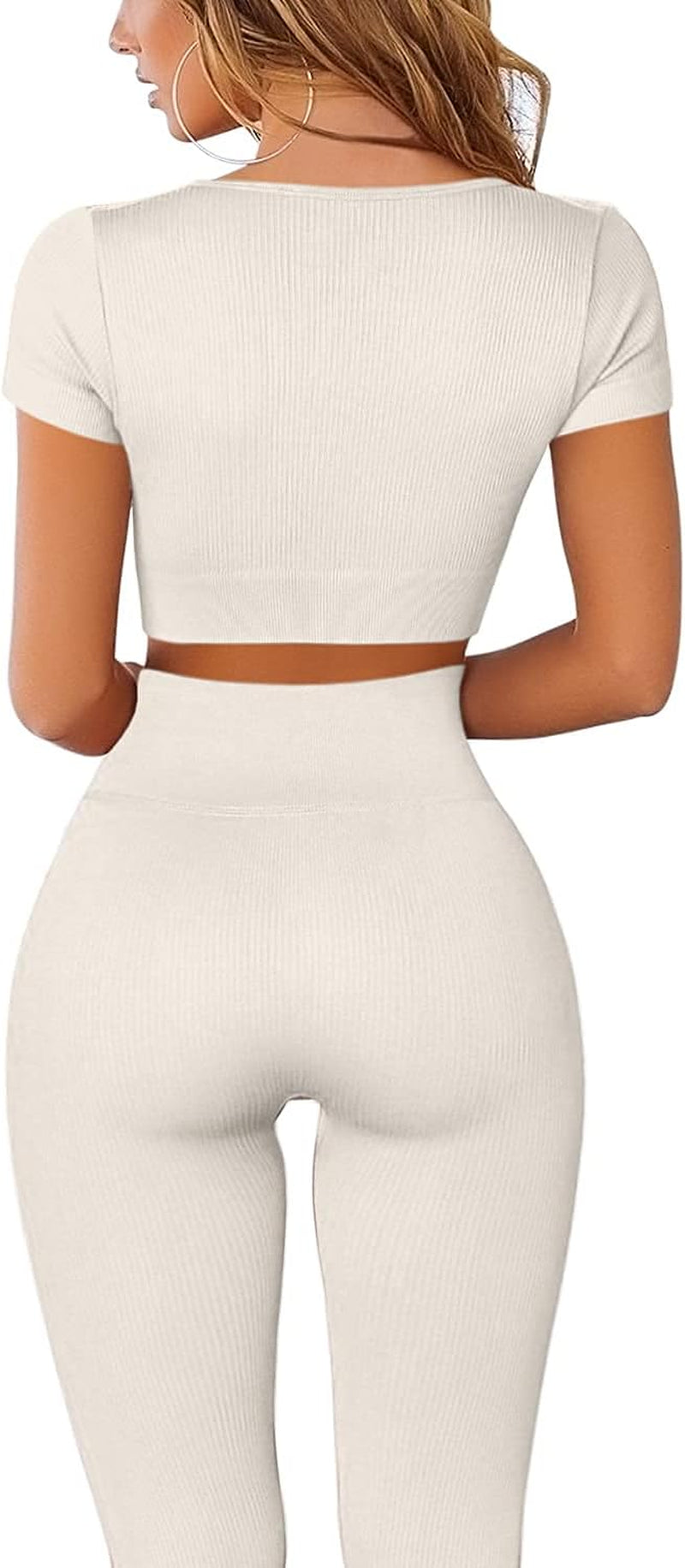 Women’S 2 Pieces Yoga Workout Outfit Seamless Sports Crop Tank High Waist Athletic Gym Leggings Sets Beige L