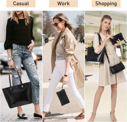 Handbag for Women Tote Handbag Set Crocodile Shoulder Clutch Purse 3Pcs