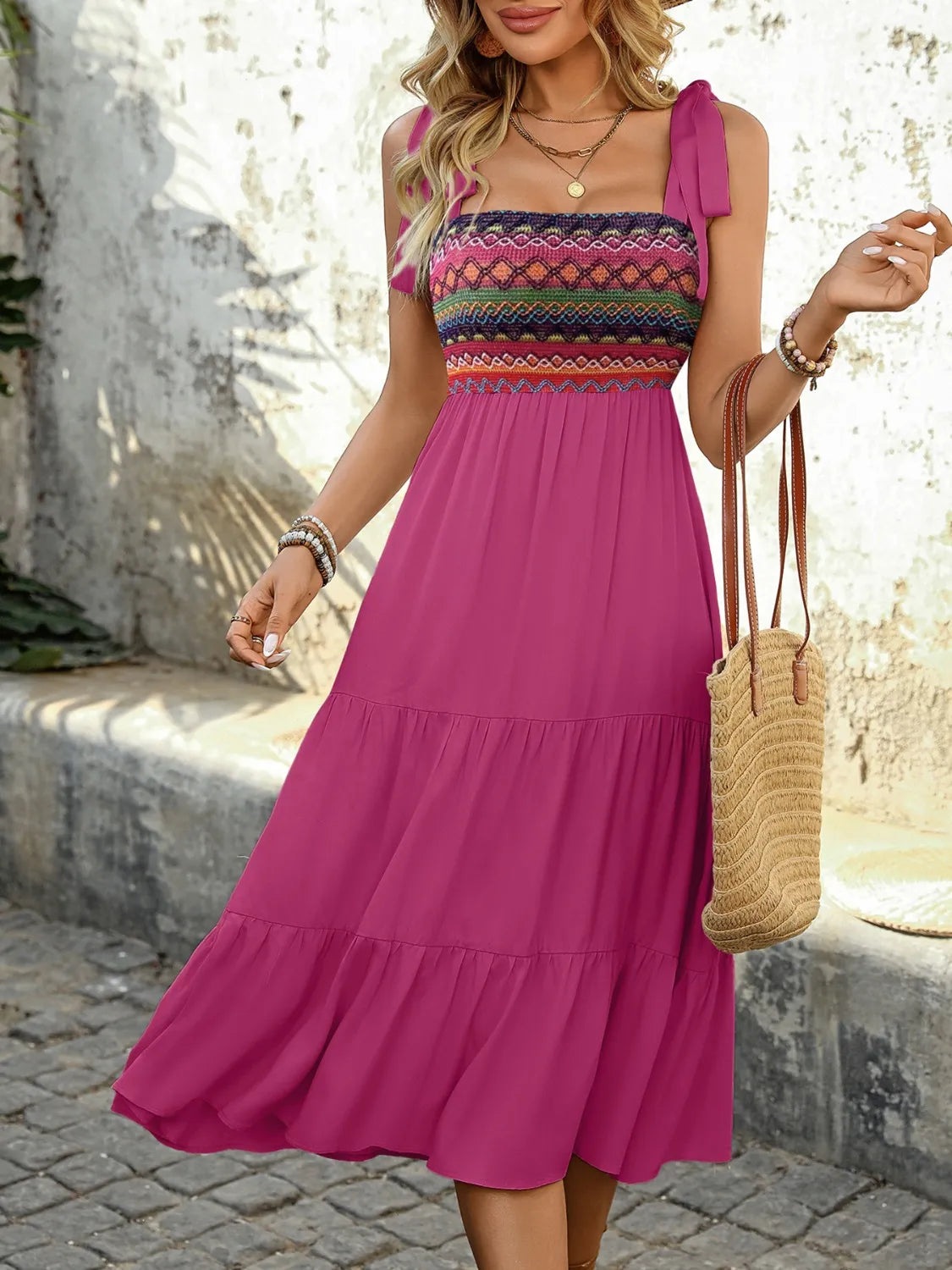 Tie Shoulder Tiered Midi Dress