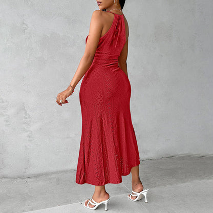 Women Sexy Open Back Pleated Bodycon Midi Dress