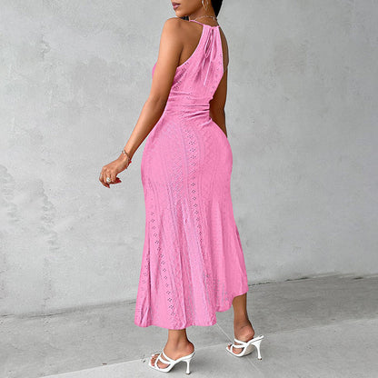 Women Sexy Open Back Pleated Bodycon Midi Dress