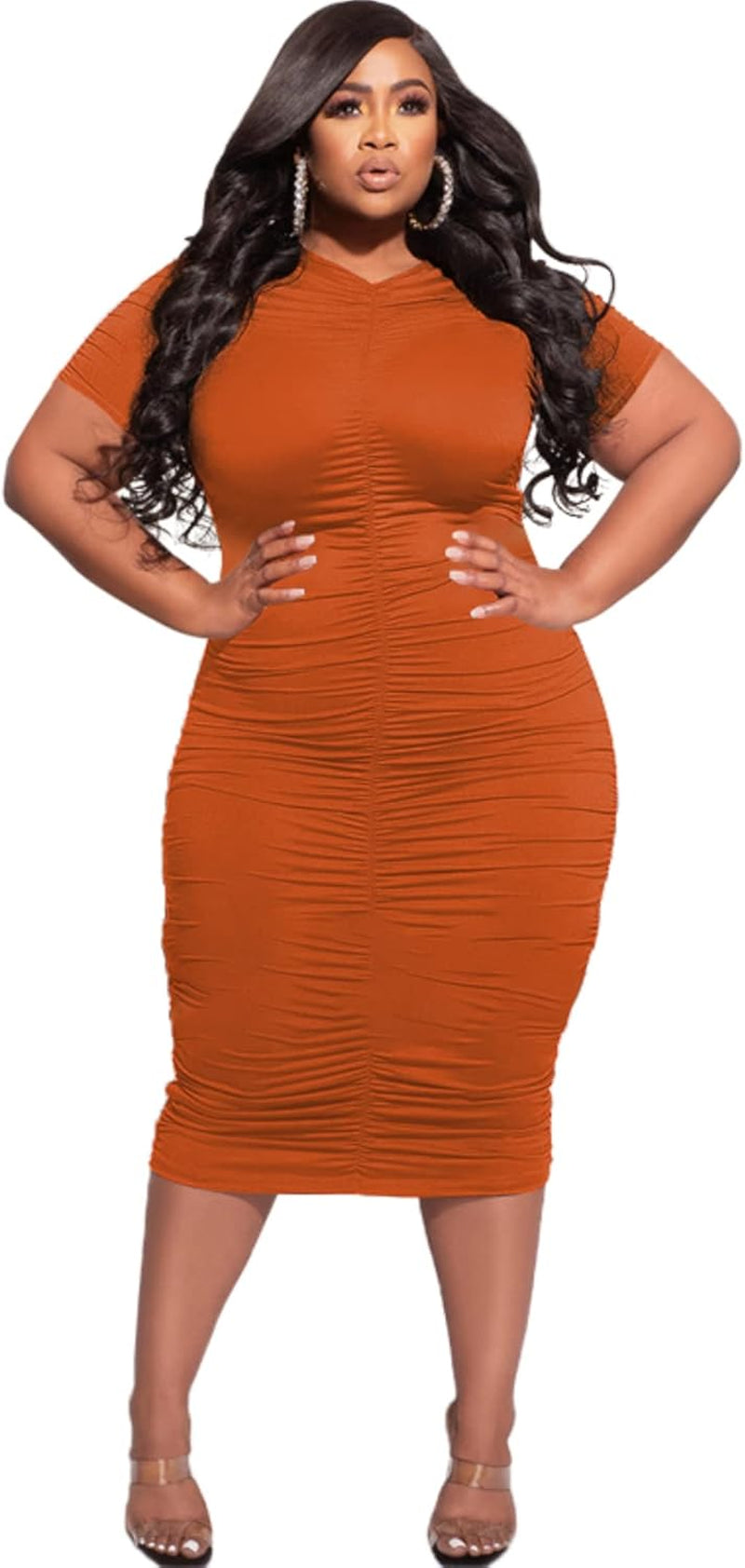 Women'S plus Size Sexy Bodycon Party Dress Solid Short Sleeve Ruched Slim Fit Dress Club Outfits Orange 2XL