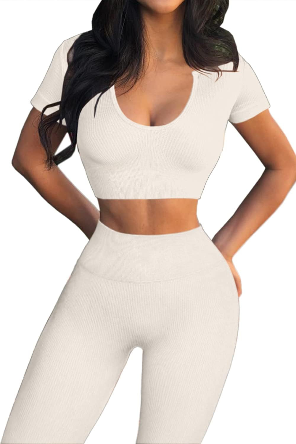 Women’S 2 Pieces Yoga Workout Outfit Seamless Sports Crop Tank High Waist Athletic Gym Leggings Sets Beige L