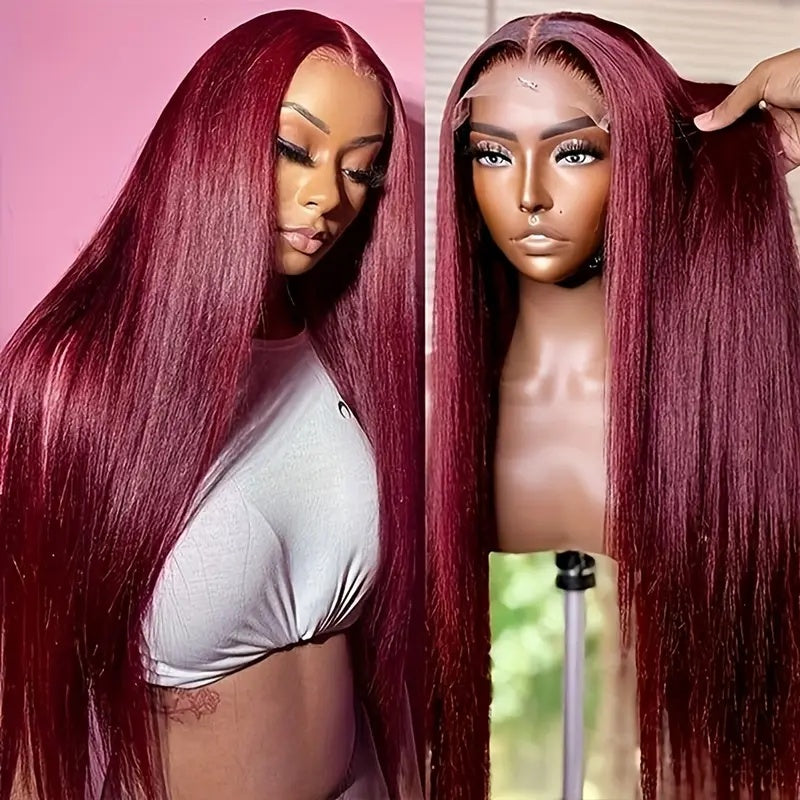 High Temperature Resistant Burgundy Long Straight Lace Non-Toxic Wig,