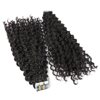Premium #1B Natural Black Deep Curly Tape In Hair Extensions | 100%