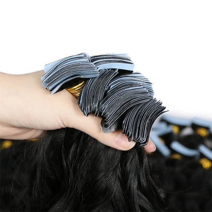 Premium #1B Natural Black Water Wave Tape-In Hair Extensions | 100%