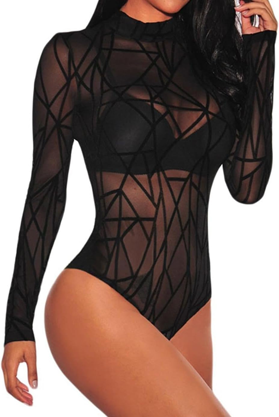 Long Sleeve Bodysuit for Women Mesh Bodysuit Turtleneck Sheer Tops Geo Print Leotards S-XXL
