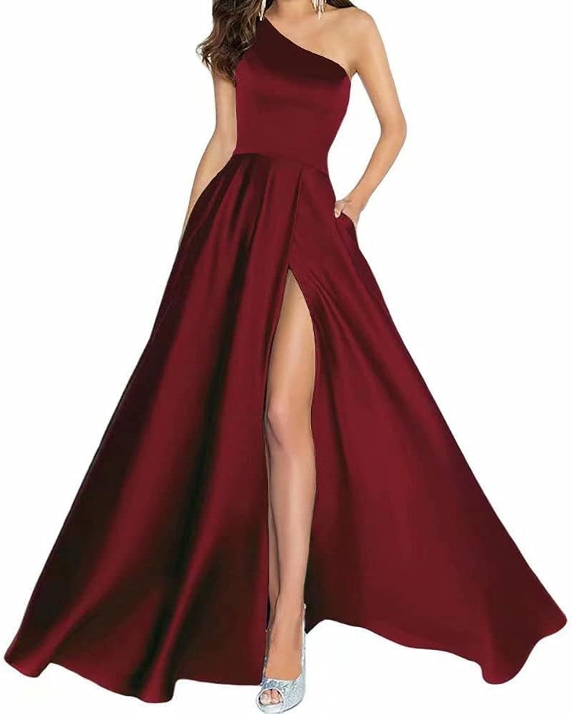 One Shoulder Long Prom Dresses for Women Satin a Line Formal Evening Party Gowns with Slit