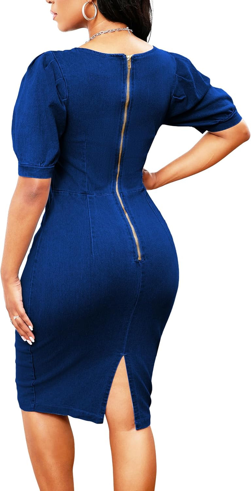 Denim Dress for Women Bodycon Sexy Short Sleeve Jean Split Workwear Dresses with Zipper Club Party Night
