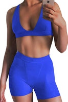 Women 2 Piece Workout Outfit Ribbed Deep V Neck Bra High Waist Bodycon Yoga Short Sets Gym Active Wear Tracksuits Blue L