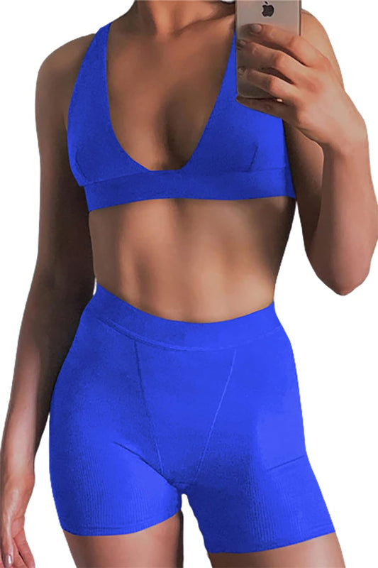 Women 2 Piece Workout Outfit Ribbed Deep V Neck Bra High Waist Bodycon Yoga Short Sets Gym Active Wear Tracksuits Blue L
